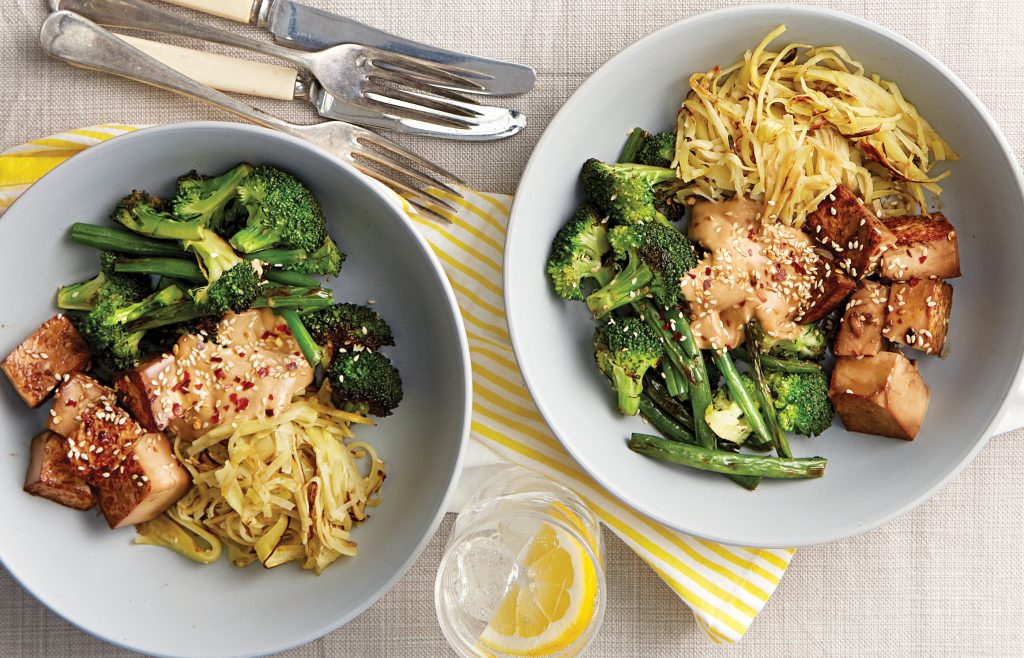 Teriyaki tofu bowl with sweet potato ‘noodles’ and nutty sauce Teriyaki tofu bowl with sweet potato ‘noodles’ and nutty sauce