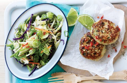 Thai chicken patties with shredded vege rice salad