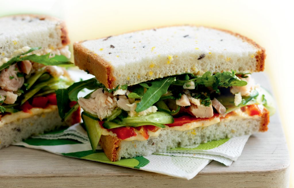 Tuna, hummus, roasted capsicum and cucumber sandwich Tuna, hummus, roasted capsicum and cucumber sandwich