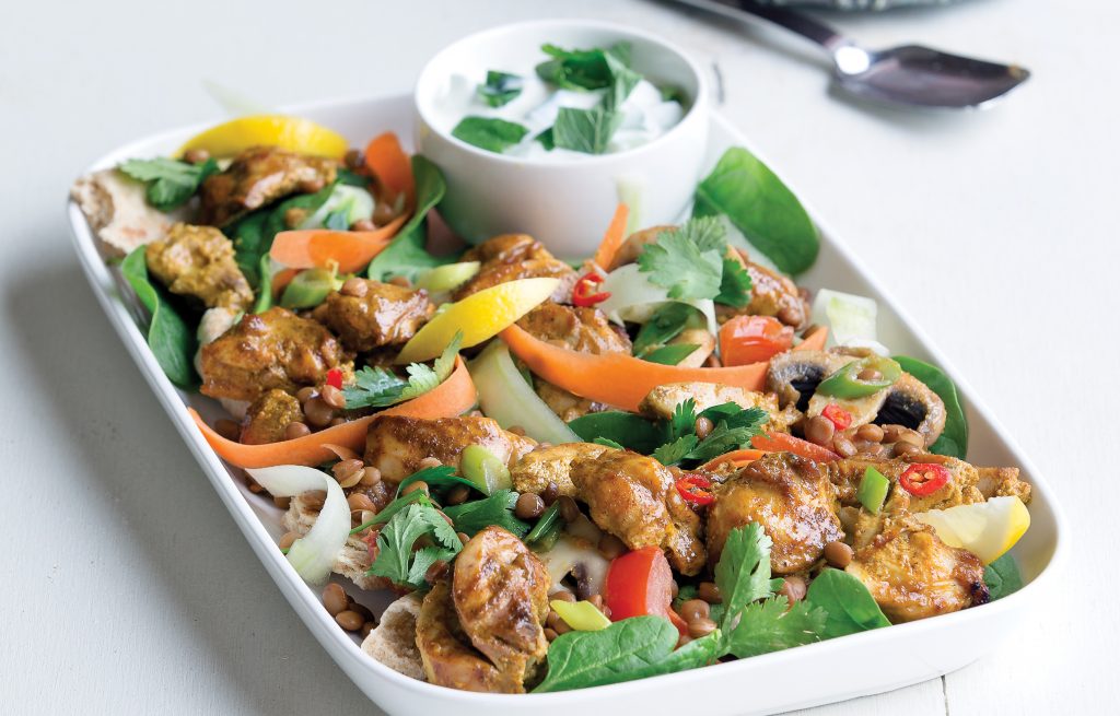 Warm chicken tikka pita salad Warm chicken tikka pita salad