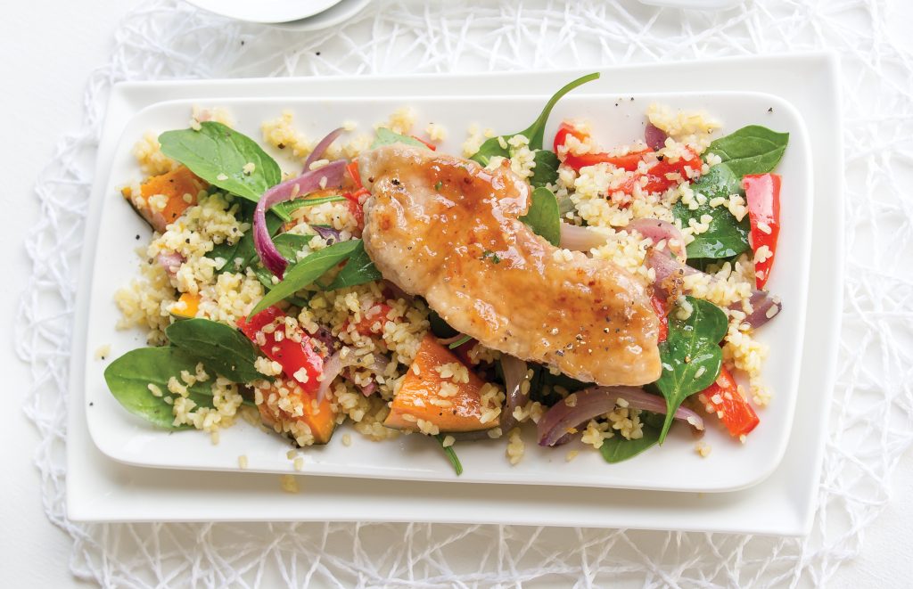 Warm roast pumpkin and bulgar wheat salad with maple-glazed pork Warm roast pumpkin and bulgar wheat salad with maple-glazed pork
