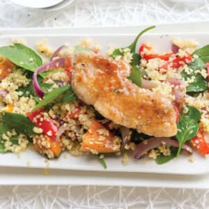 Warm roast pumpkin and bulgar wheat salad with maple-glazed pork