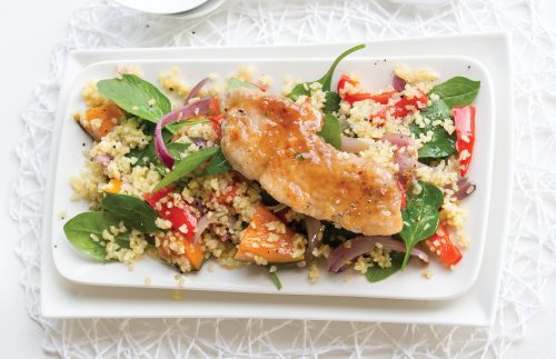 Warm roast pumpkin and bulgar wheat salad with maple-glazed pork