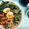 Wilted garlic, kale, chickpea, broccolini and soft-boiled egg bowl