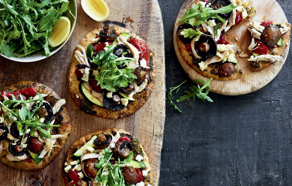 Pesto, mushroom and chicken pizzas Pesto, mushroom and chicken pizzas