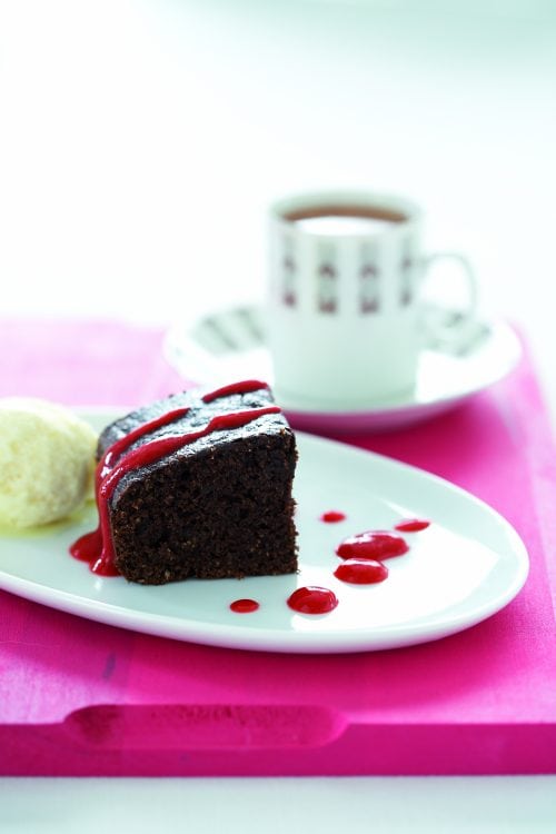 Almond brownies with sorbet and raspberry sauce
