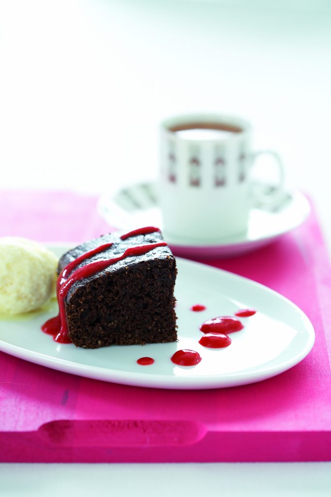 Almond brownies with sorbet and raspberry sauce Almond brownies with sorbet and raspberry sauce