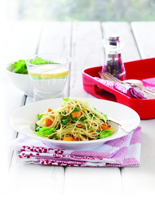 Angel hair pasta with pumpkin and basil pesto