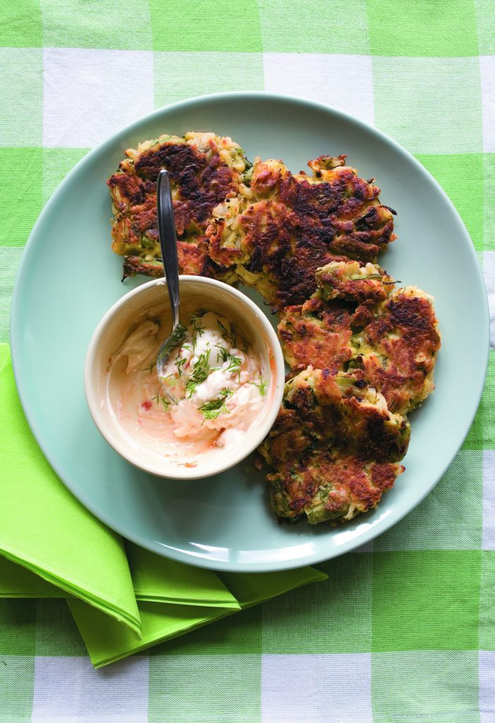 Asparagus and courgette fritters with dill cream Asparagus and courgette fritters with dill cream