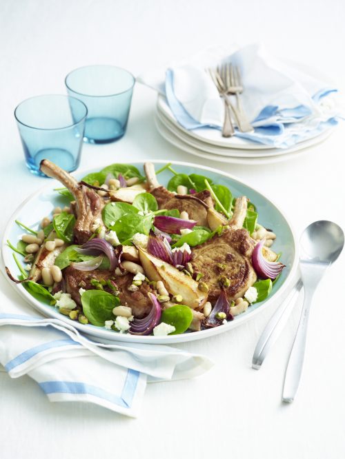 Balsamic pork with roasted pear, spinach and feta salad