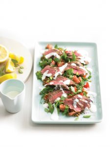 Barbecued lamb with lentil salad and lemon yoghurt dressing