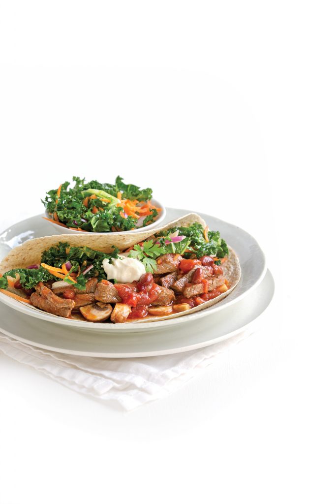 Beef and bean fajitas with carrot and kale slaw Beef and bean fajitas with carrot and kale slaw