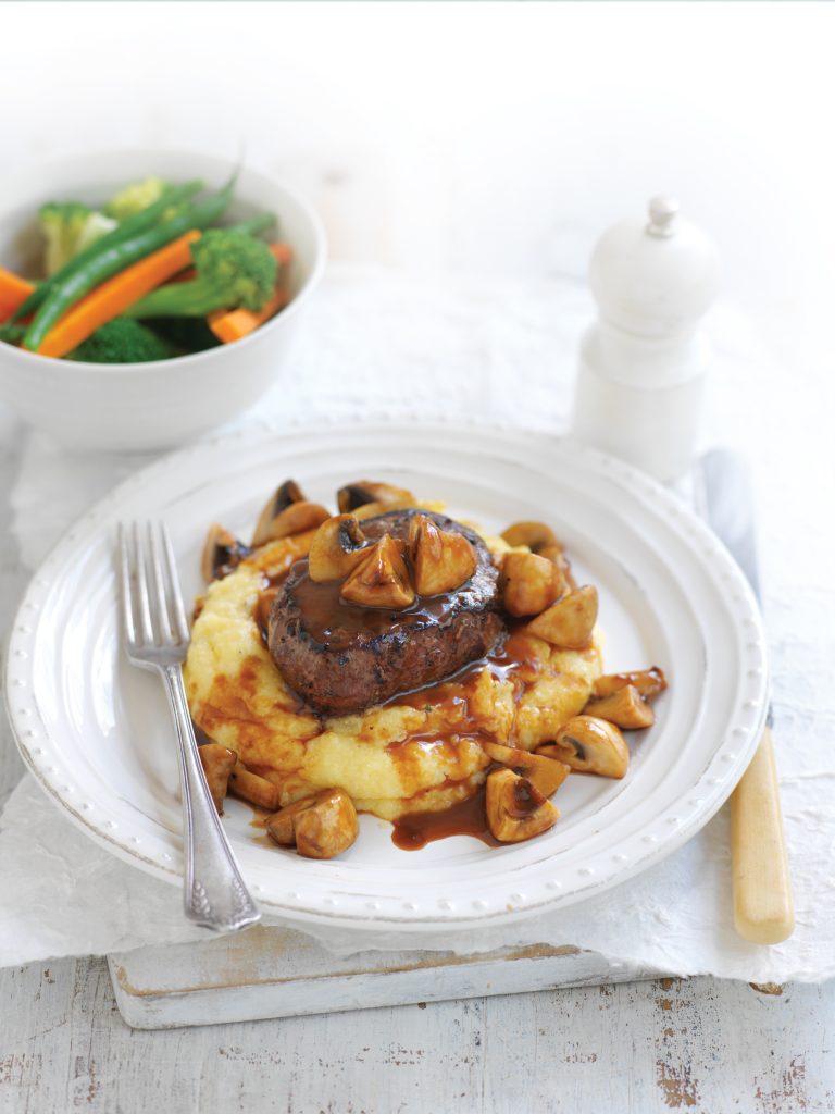 Beef and mushrooms on creamy polenta Beef and mushrooms on creamy polenta