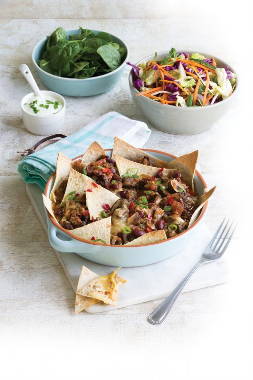 Beef and tortilla cheesy bake with slaw