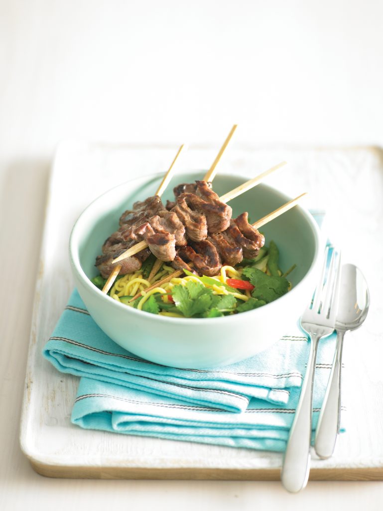 Beef kebabs with vegetable noodle salad Beef kebabs with vegetable noodle salad