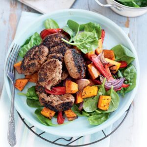 Beef patties with pumpkin salad