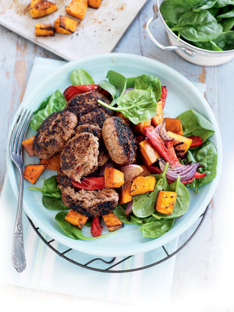 Beef patties with pumpkin salad