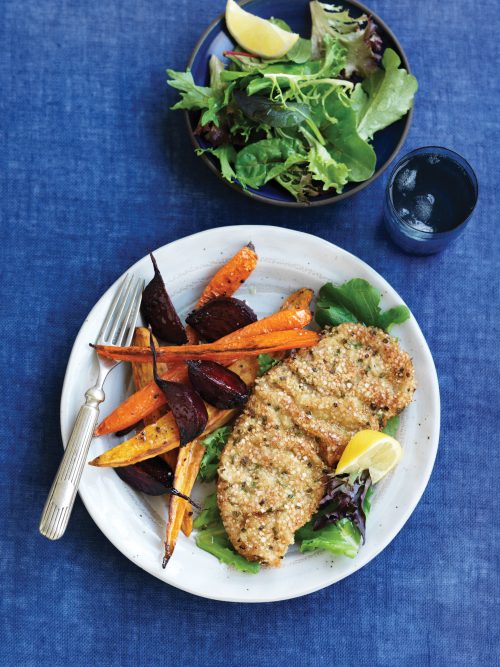 Beef schnitzel with roast vege wedges