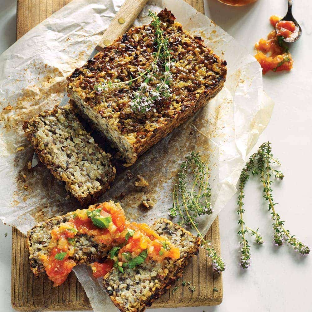 Brown rice, lentil and mushroom loaf with fresh tomato sauce Brown rice, lentil and mushroom loaf with fresh tomato sauce