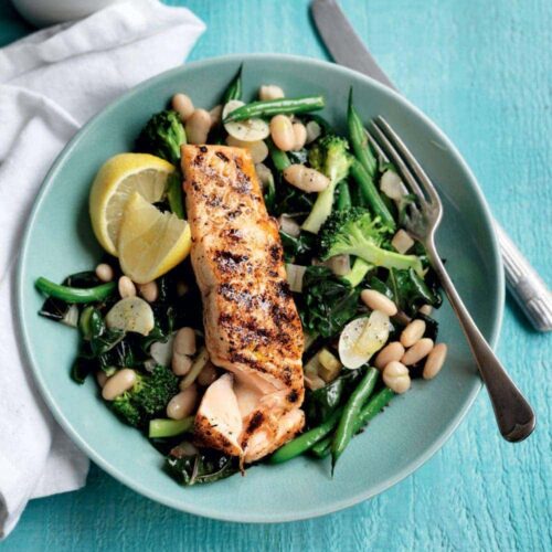 Cajun salmon with garlic greens