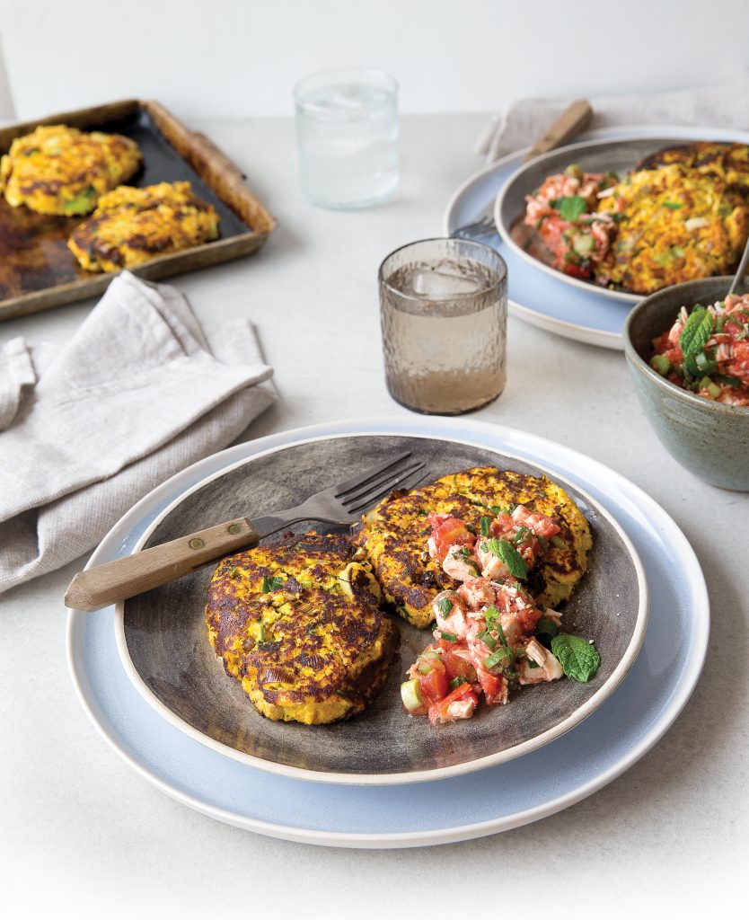 Cauliflower, lentil and pumpkin fritters with minty salsa Cauliflower, lentil and pumpkin fritters with minty salsa