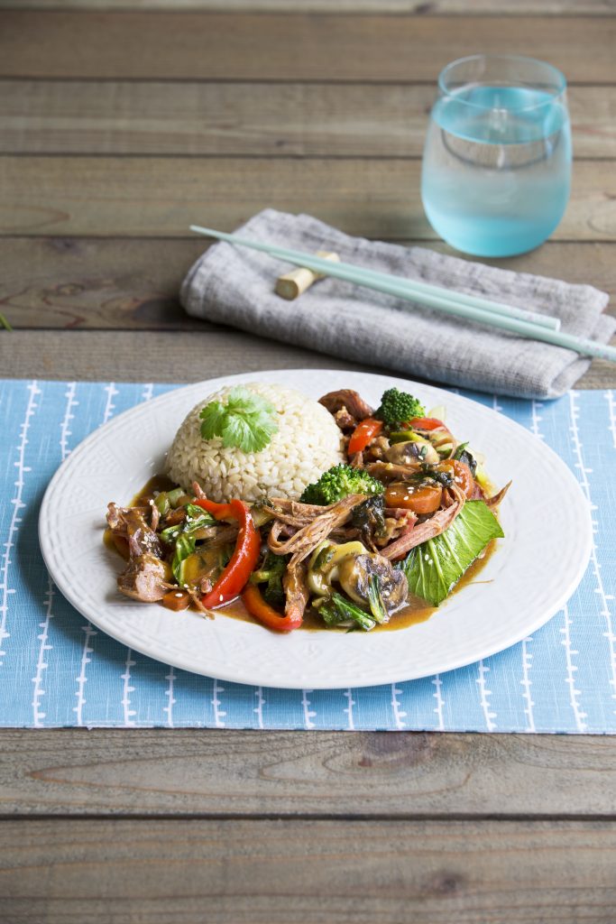 Char siu pork roast with stir-fried sesame vegetables