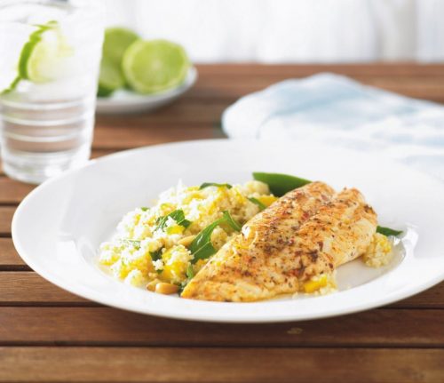 Chargrilled Moroccan fish fillets with couscous salad