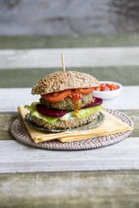 Cheese and barley beef burgers with crusty rolls