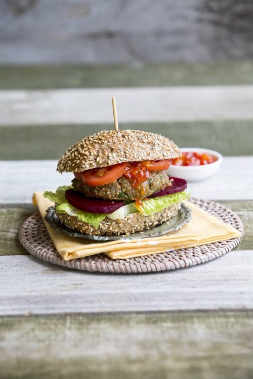 Cheese and barley beef burgers with crusty rolls