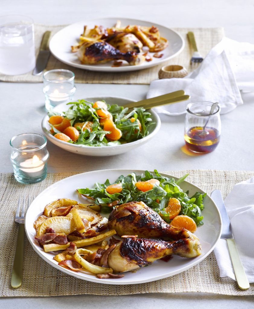 Chicken bake with sweet roasted veges and rocket and mandarin salad