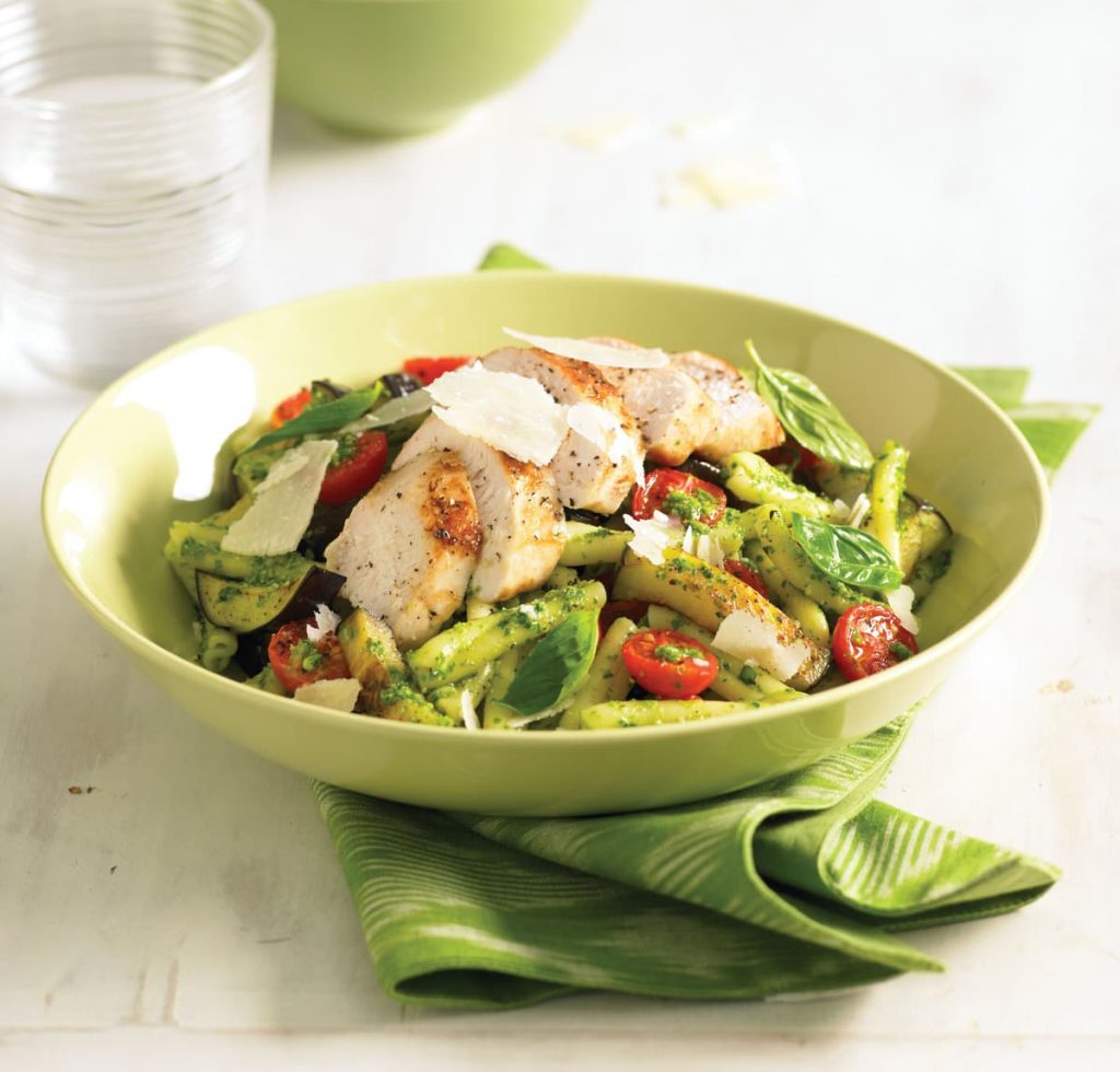 Chicken pesto pasta with tomatoes and eggplant