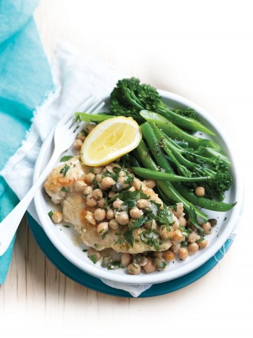 Chicken piccata with chickpeas and steamed greens