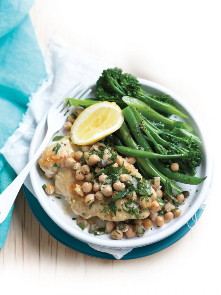 Chicken piccata with chickpeas and steamed greens Chicken piccata with chickpeas and steamed greens