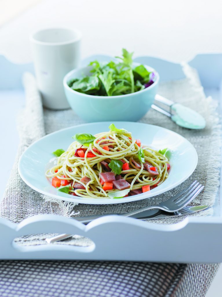 Chicken bacon and pesto spaghetti