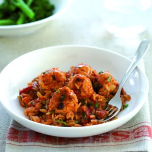 Chicken meatballs with tomato risoni