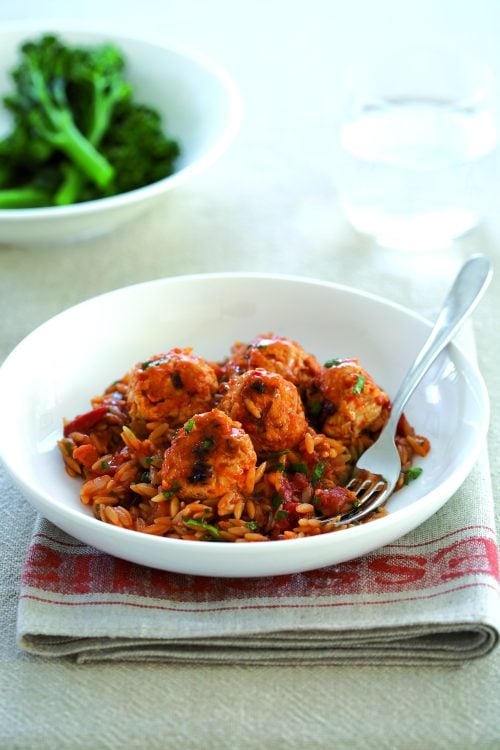 Chicken meatballs with tomato risoni