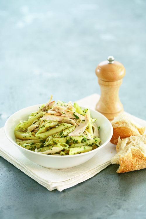 Chicken pasta with basil, parsley and caper sauce