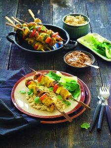 Chicken satay skewers with peanut dipping sauce