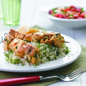 Citrus fish kebabs with couscous