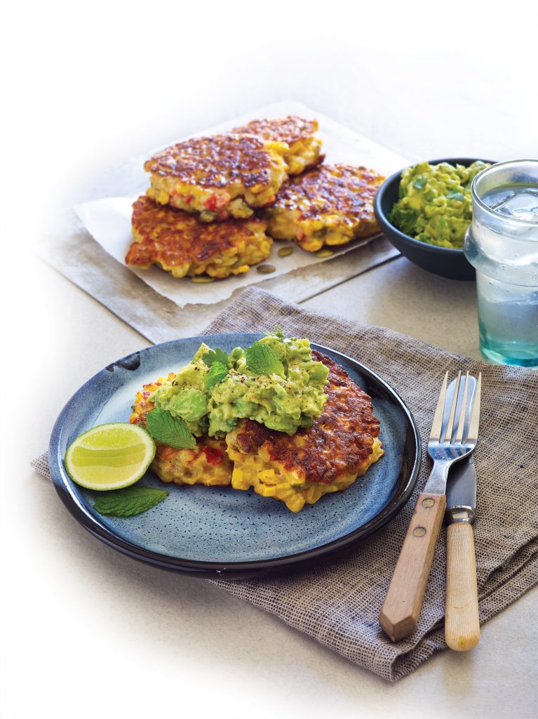 Corn and capsicum fritters with avocado smash Corn and capsicum fritters with avocado smash
