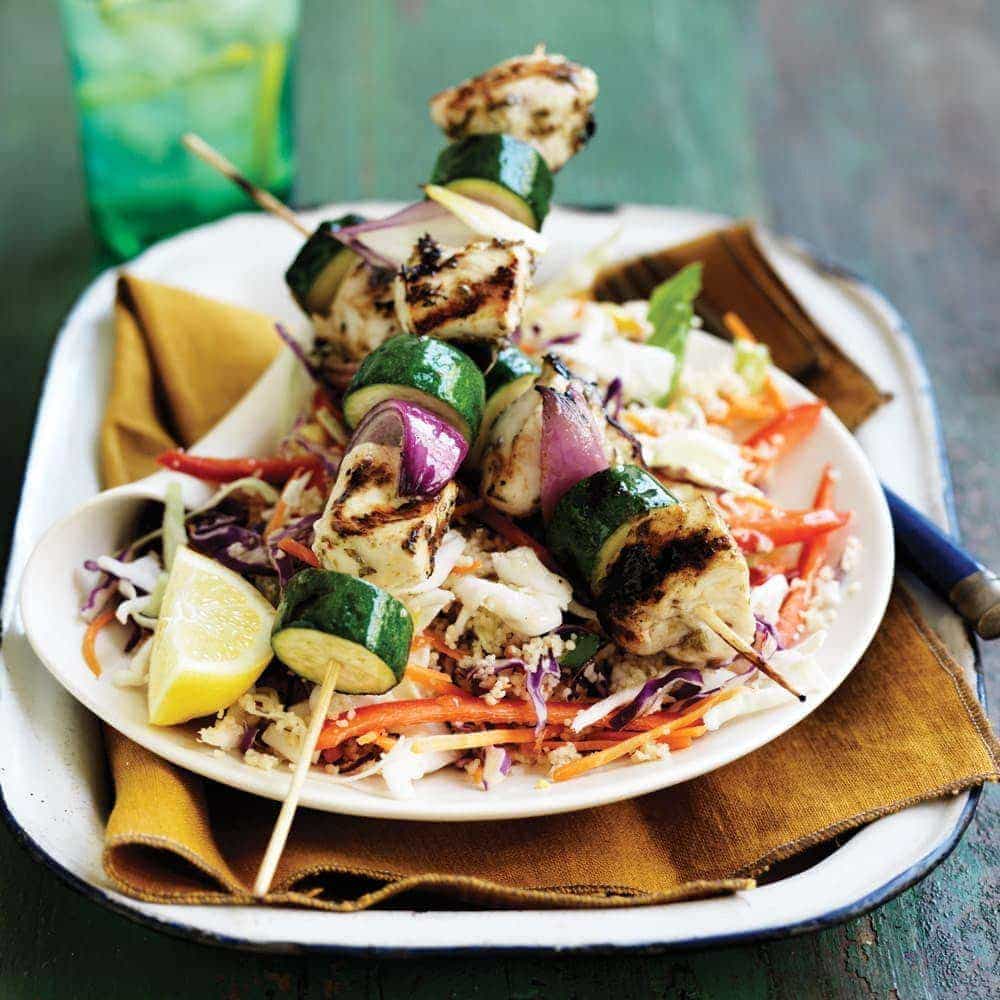 Courgette and lemon-chicken skewers with shredded vegetable couscous Courgette and lemon-chicken skewers with shredded vegetable couscous