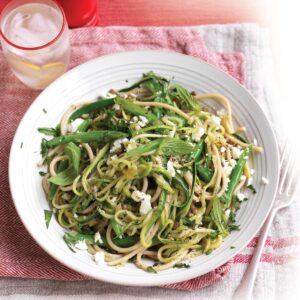 Courgette, lentil, feta and mint spaghetti