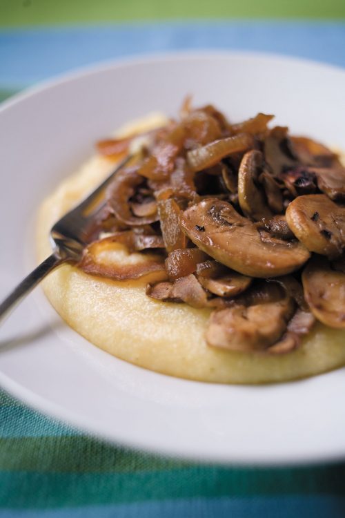 Creamy polenta with caramelised onions and mushrooms