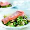 Crushed butter beans and peas with salmon