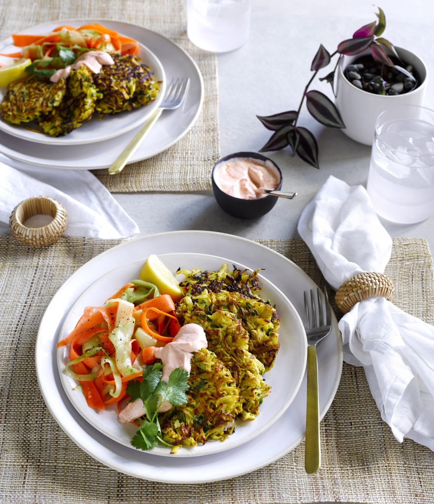 Curried vege fritters with cucumber and carrot salad and chilli yoghurt Curried vege fritters with cucumber and carrot salad and chilli yoghurt