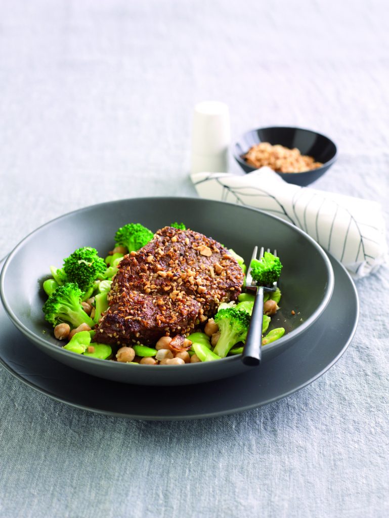 Dukkah-crusted steak with lemony broccoli and broad beans Dukkah-crusted steak with lemony broccoli and broad beans