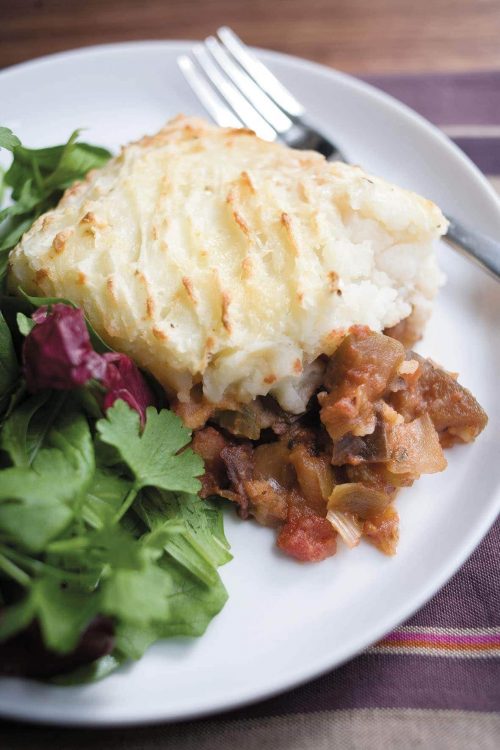 Eggplant caponata with cheesy potato topping