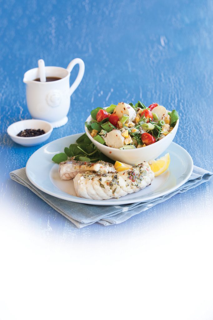 Fish with watercress and potato salad Fish with watercress and potato salad