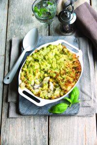 Fish pie with pea mash topping