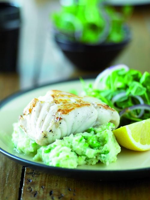 Fish with cheesy pea mash